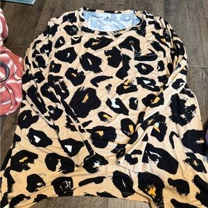 Leopard Print Long Sleeve Pocket Top - Beige, Black & Gold Accents
